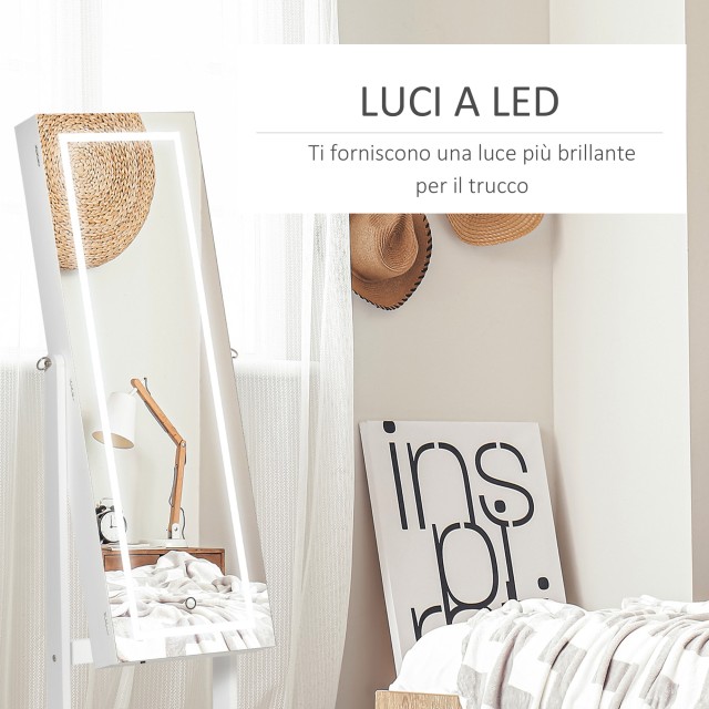 Ανεξάρτητος καθρέφτης κοσμημάτων HOMCOM με φως LED, ρυθμιζόμενη κλίση και κλειδαριά, 46x36,5x151,5 cm 831-463WT