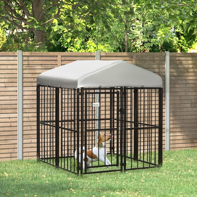 PawHut Kennel Run για μικρούς και μεσαίους σκύλους, κότες και πάπιες με κουβούκλιο, 122x122x138 cm D02-153V00BK