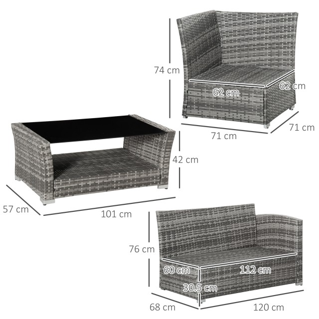 Outsunny 4-Pece PE Rattan Garden Lounge με γωνιακό καναπέ και τραπεζάκι σαλονιού με ποτήρι, γκρι 860-189