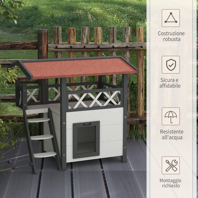 PawHut Outdoor Cat House με Βεράντα και Ξύλινη Σκάλα, 77x50x73cm, Λευκό και Γκρι D30-076V02WT