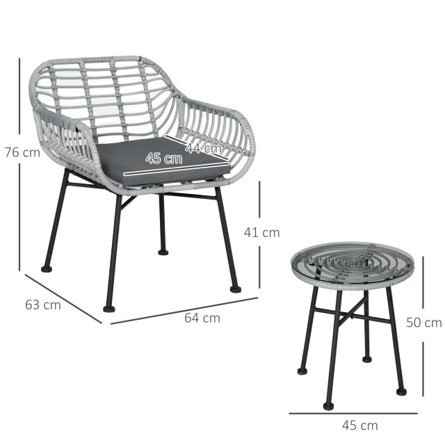 Σετ Έπιπλα Κήπου Outsunny σε PE Rattan με 2 καρέκλες και Τραπεζάκι σαλονιού με γυάλινο ράφι, γκρι 863-085