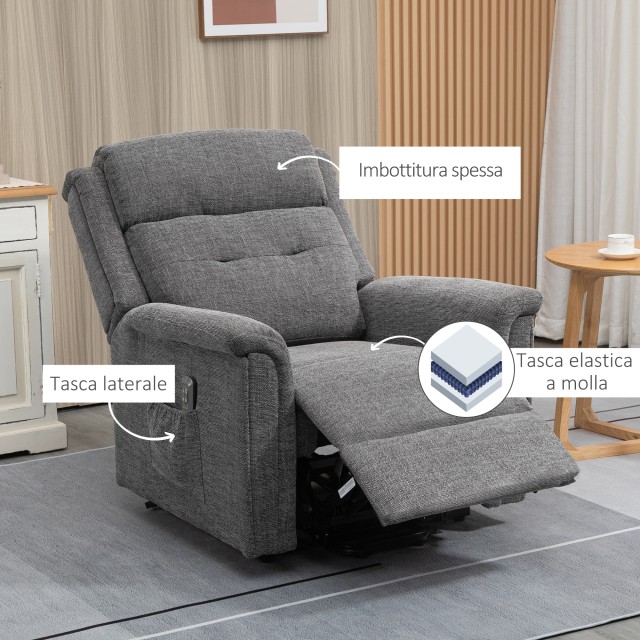 Ανακλινόμενη πολυθρόνα HOMCOM Relax Lifting με στήριγμα ποδιών, ταπετσαρία σε γκρι ύφασμα 713-133V90GY