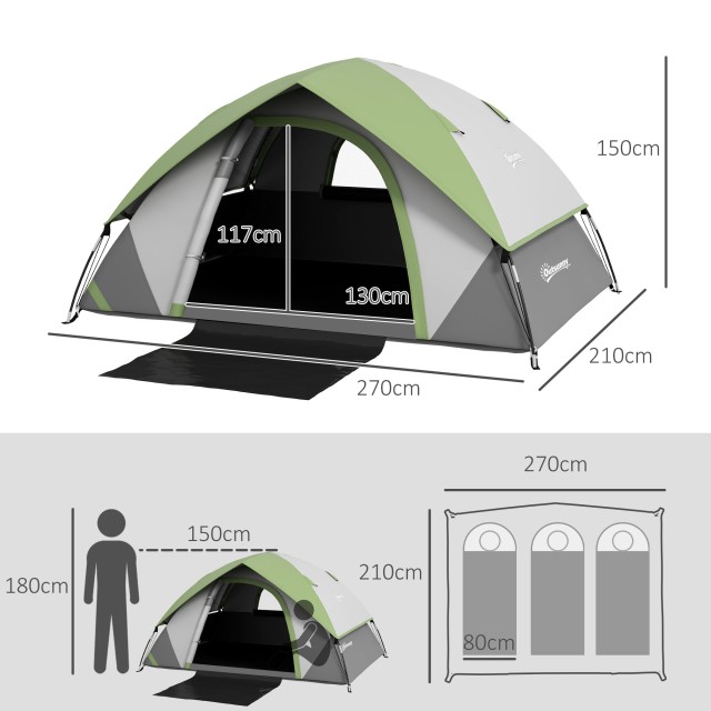 Σκηνή Camping 3 Ατόμων Outsunny με Διχτυωτό Παράθυρο, από πολυεστέρα, υαλοβάμβακα και PE, 110x210x150 cm, γκρι και πράσινο A20-407V00GN