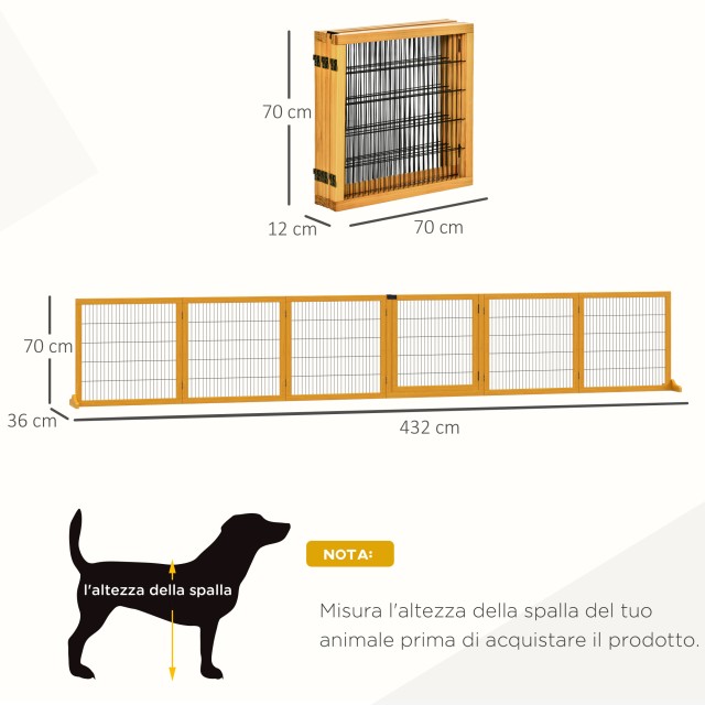 PawHut Gate για Small / Medium Dogs από ξύλο και ατσάλι με 6 πτυσσόμενα πάνελ, 432x36x70cm D06-118YL