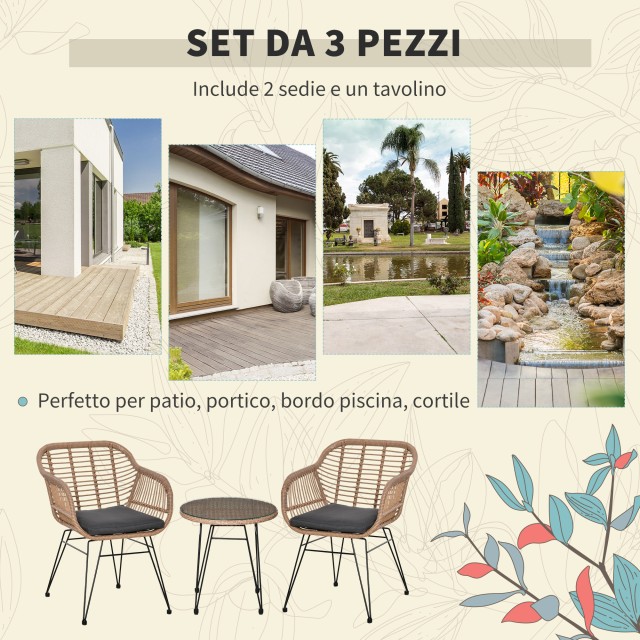 Σετ έπιπλα κήπου Outsunny σε PE Rattan, 2 καρέκλες με μαξιλάρια και τραπεζάκι σαλονιού με γυάλινη κορυφή, γκρι 863-096