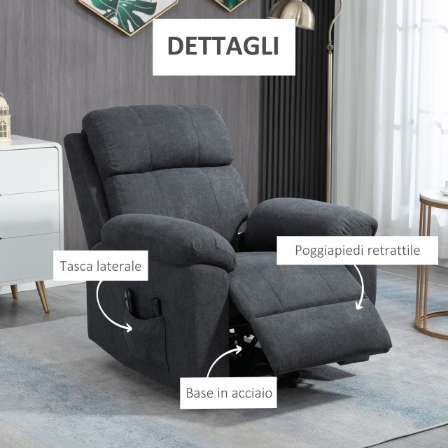 HOMCOM Lift Chair ανακλινόμενη έως 135° με 8 σημεία μασάζ, τηλεχειριστήριο και υποπόδιο 85x94,5x103 cm, Γκρι 713-097