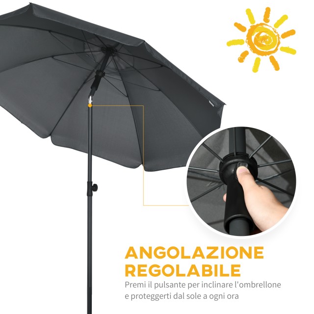 Outsunny Beach Parasol από πολυεστέρα και ατσάλι με ανακλινόμενο κουβούκλιο 45°, Ø180x209 cm, Γκρι 84D-221V00CG