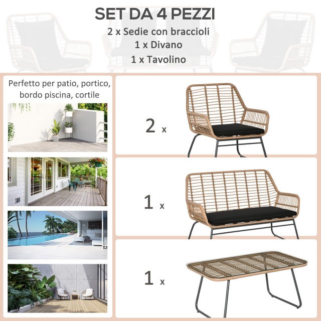 Σετ έπιπλα κήπου Outsunny σε PE Rattan με 2 πολυθρόνες, καναπέ και τραπεζάκι σαλονιού με γυάλινο ράφι 860-202