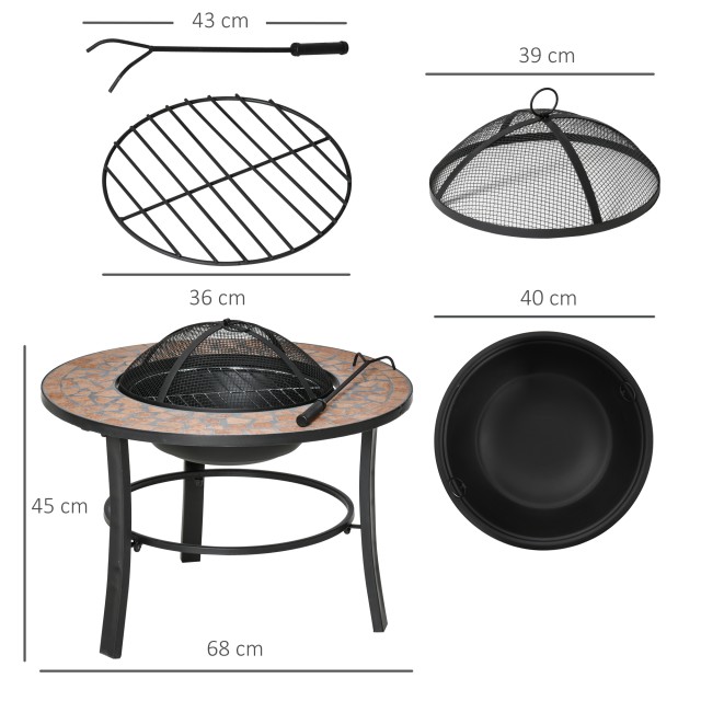 Outsunny Garden Fire Pit με καπάκι στερέωσης σπινθήρων, πόκερ και κεραμική κορυφή, 68x68x45cm, μαύρο 842-215