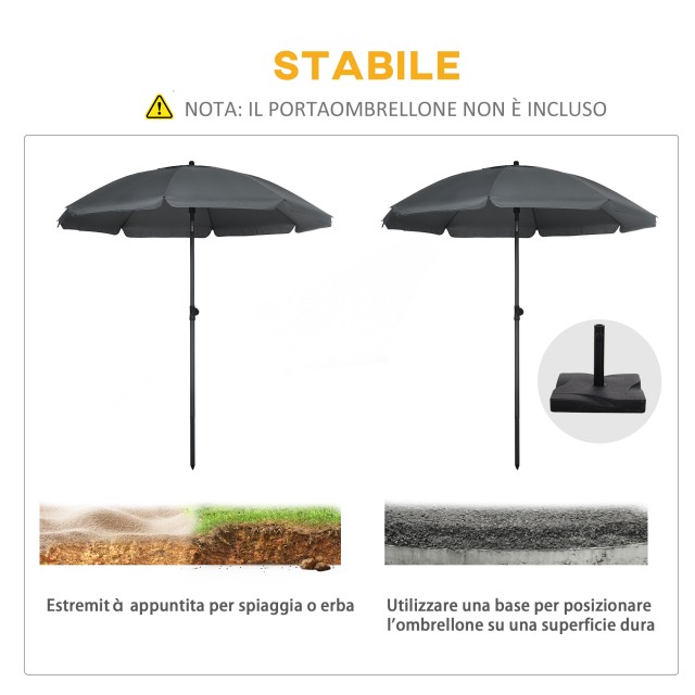 Outsunny Beach Parasol από πολυεστέρα και ατσάλι με ανακλινόμενο κουβούκλιο 45°, Ø180x209 cm, Γκρι 84D-221V00CG