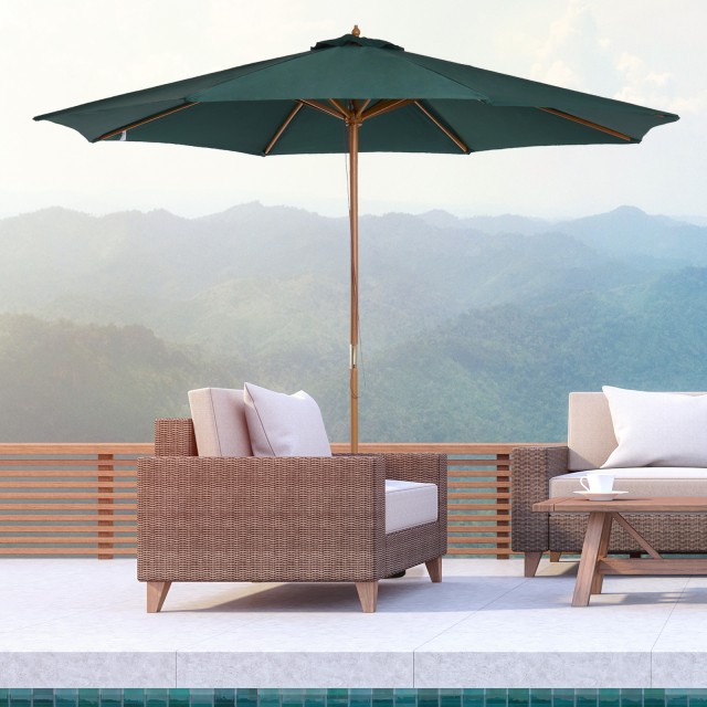 Outsunny Garden Parasol Φ300 x 250Acm με άνοιγμα σχοινιού, 8 νευρώσεις και ξύλινο κοντάρι, σκούρο πράσινο 01-0243