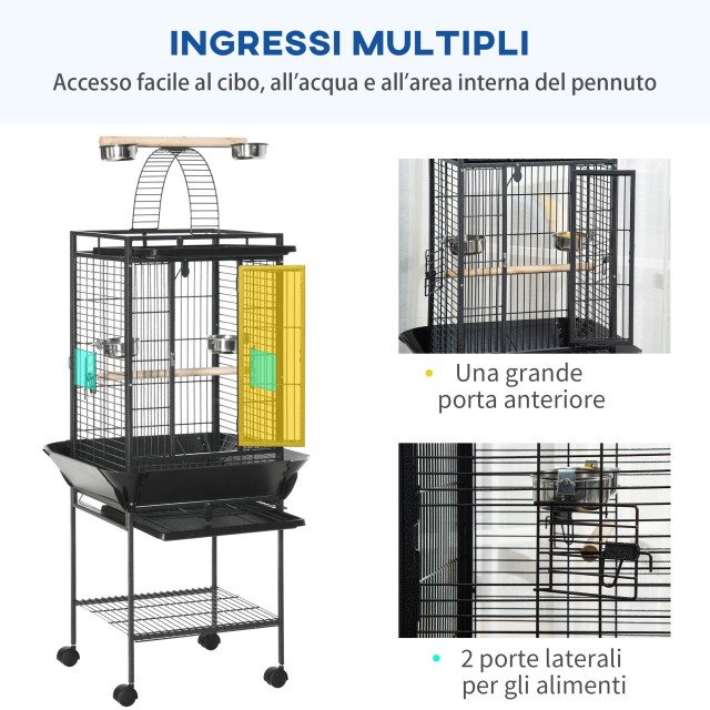 PawHut Budgie Cage with 2 Perches and Arched Ladder, Ατσάλι, 62,5x62,5x156 cm, Γκρι D10-068