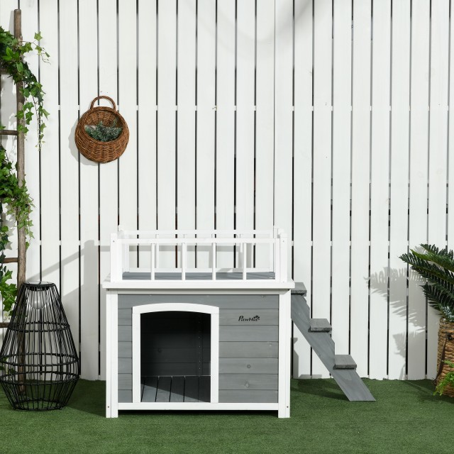Pawhut Dog House με σκάλα βεράντας και παράθυρο 121x77x78cm Ανοιχτό γκρι D02-145V00LG
