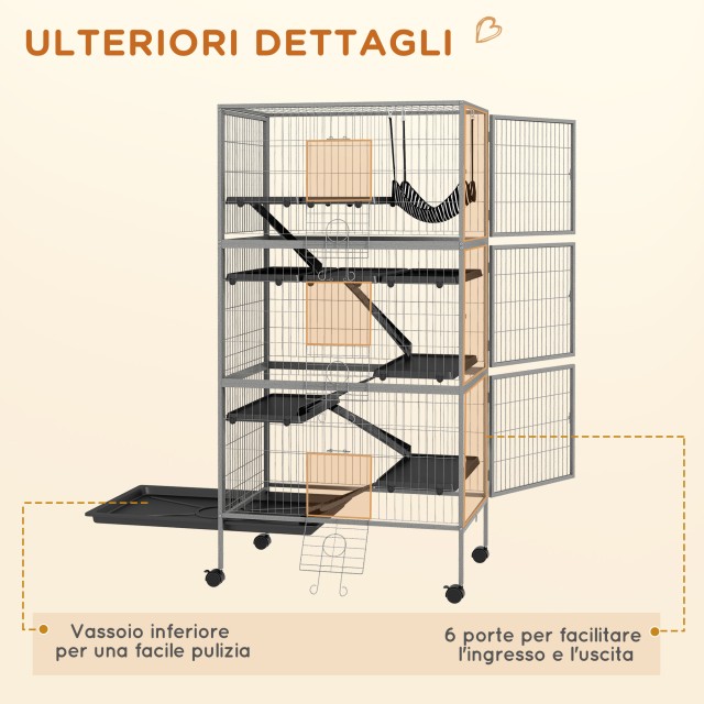 PawHut Rabbit Cage με 4 εισόδους σε πολλαπλά επίπεδα με αιώρα, ατσάλι και PP, 80x52x159 cm D51-113V01GY