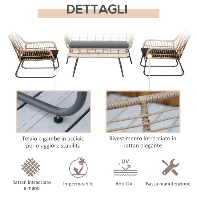 Σετ έπιπλα κήπου Outsunny σε PE Rattan με 2 πολυθρόνες, καναπέ και τραπεζάκι σαλονιού με γυάλινο ράφι 860-202