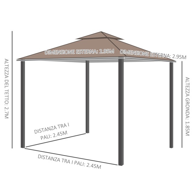 Outsunny Garden Gazebo 3x3m με κουνουπιέρα, πολυεστερική κατασκευή στέγης 2 επιπέδων σε καφέ μέταλλο 84C-010CF
