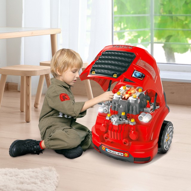 HOMCOM Workshop Toy Truck με μοτέρ και 61 αξεσουάρ για παιδιά 3-5 ετών, ρόδες και λαβή, 40x39x47cm - Κόκκινο 350-129
