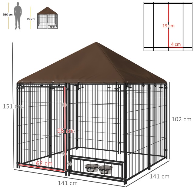 Dog Run από μέταλλο και ύφασμα Oxford με πόρτα για μπολ, 141x141x151 cm, μαύρο και καφέ D02-057V01CF