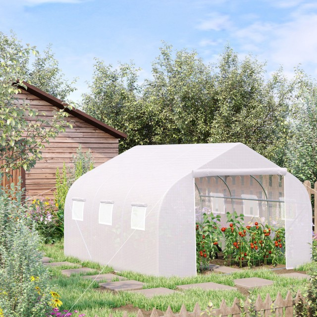 Outsunny PE Tunnel Garden Greenhouse with Iron Pipes, 4,5x3m, Λευκό 845-070