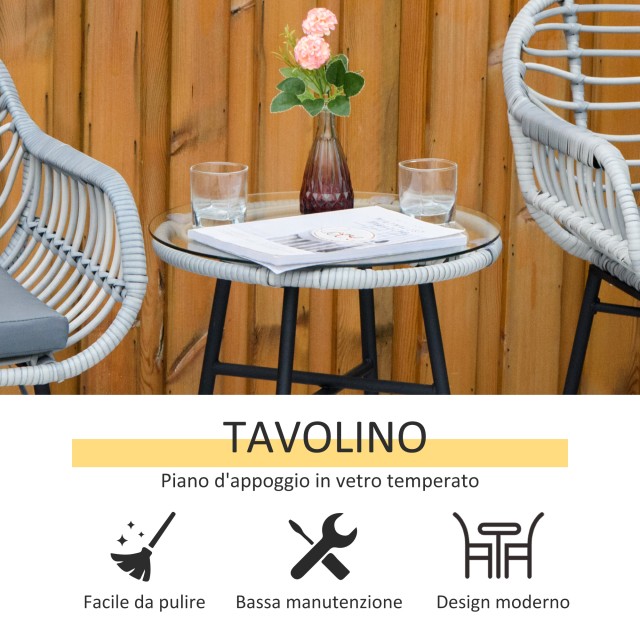 Σετ Έπιπλα Κήπου Outsunny σε PE Rattan με 2 καρέκλες και Τραπεζάκι σαλονιού με γυάλινο ράφι, γκρι 863-085