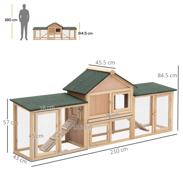 PawHut Garden Hutch with Run and Ramps Waterproof Roof, Wood, 210x45,5x84,5cm D51-103