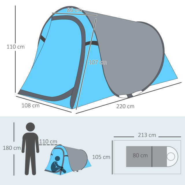 Σκηνή Κάμπινγκ 2 Ατόμων με Αυτόματο Pop-Up Dome Άνοιγμα, 220x108x110cm, Μπλε A20-170BU