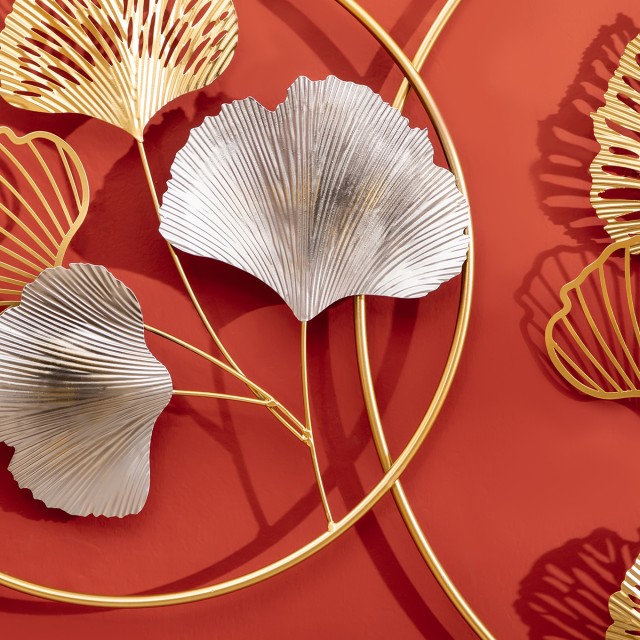 HOMCOM 3D Μεταλλική Διακόσμηση Τοίχων, Golden Ginkgo Wall Art σε δύο στρογγυλά πλαίσια, 138x70cm, χρυσό και ασήμι 830-652V00MX
