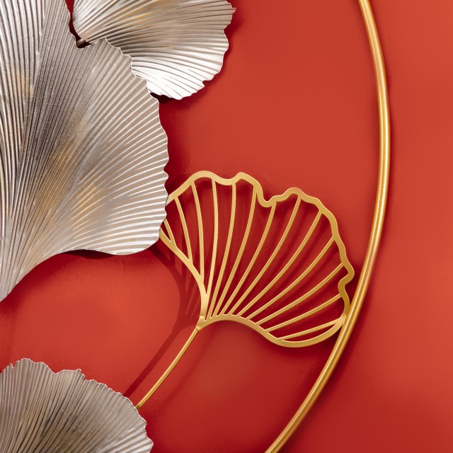 HOMCOM 3D Μεταλλική Διακόσμηση Τοίχων, Golden Ginkgo Wall Art σε δύο στρογγυλά πλαίσια, 138x70cm, χρυσό και ασήμι 830-652V00MX