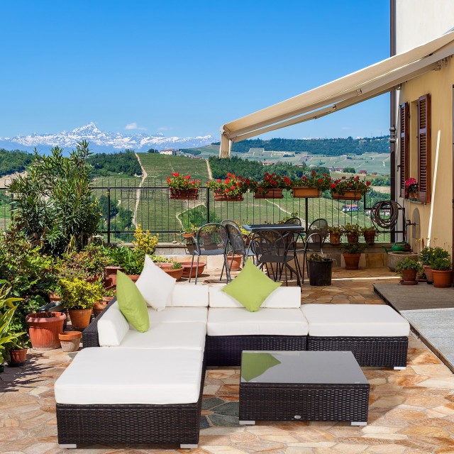 Έπιπλα κήπου Outsunny σε PE Rattan με γωνιακό καναπέ και οθωμανικό με πλαίσιο μαξιλάρια σετ 18 τεμαχίων, καφέ 100110-027BN
