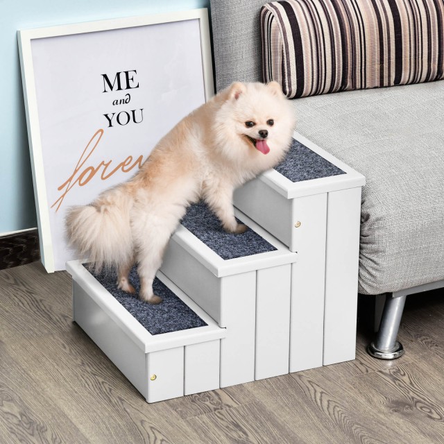 PawHut 3-Step Dog Ladder με αντιολισθητικό χαλάκι και εσωτερικό χώρο, 40,5x44,5x38cm, Λευκό D06-065WT