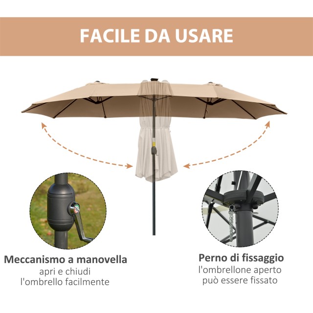 Outsunny Double Parasol Garden 4,5m με 48 LED φώτα και μανιβέλα, Χακί 84D-178KK