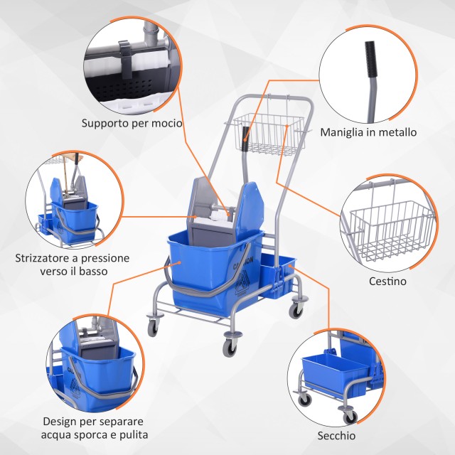 Homcom Professional Cleaning Cart with 25L Bucket and Wringer, Blue 720-010