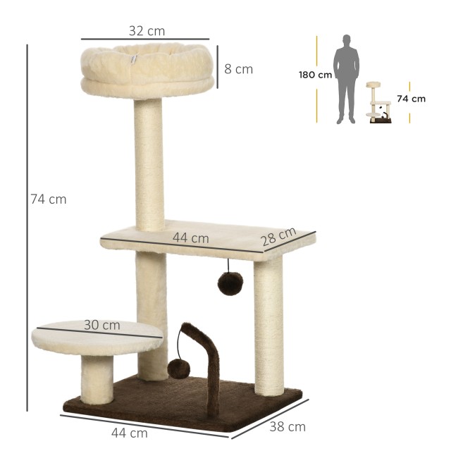 PawHut Cat Scratching Post με Sisal Post, Perch and Play Balls, Chipboard και βελούδινο, 44x38x74 cm D30-562V00BG