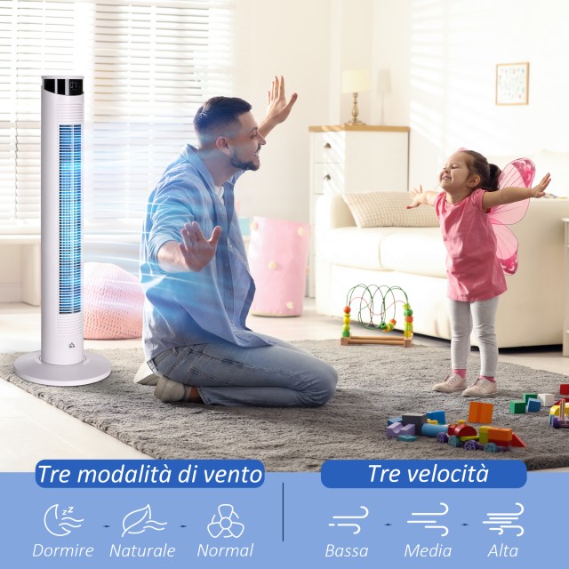 Ανεμιστήρας Tower 45W με 4 λειτουργίες και 3 ταχύτητες με χρονοδιακόπτη 12 ωρών, σε ABS και αλουμίνιο, Ø31,5x93 cm, Λευκό 824-062V90WT