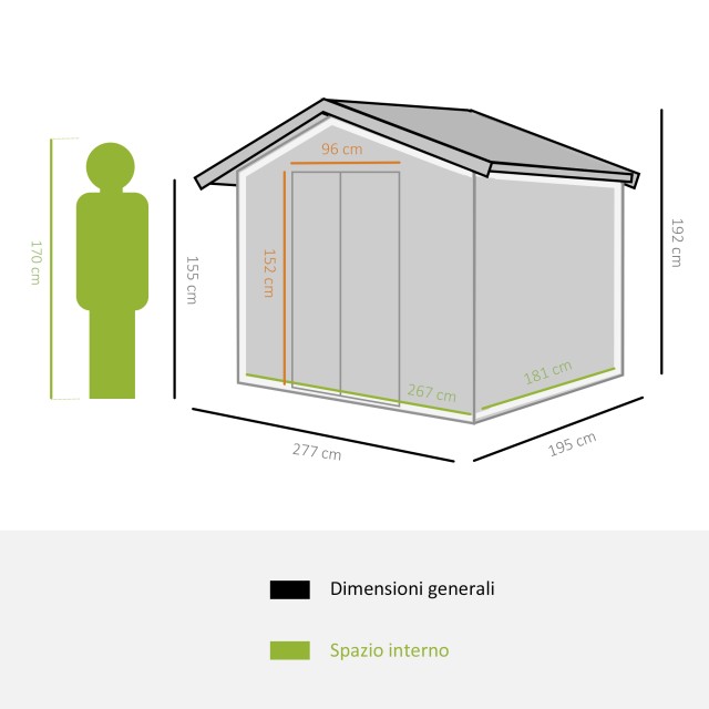 Outsunny Garden Shed Εργαλειοθήκη σε Ατσάλι, Υπόστεγο Κήπου από Ατσάλι με Συρόμενες Πόρτες, 277x195x192cm, Πράσινο 845-031GN