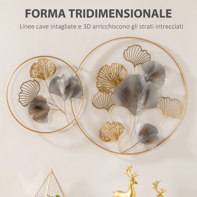HOMCOM 3D Μεταλλική Διακόσμηση Τοίχων, Golden Ginkgo Wall Art σε δύ...