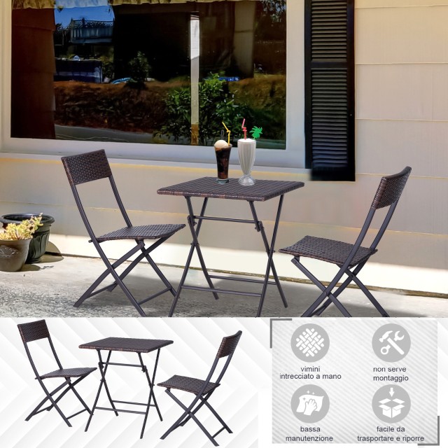 Outsunny Rattan Σετ Έπιπλα Κήπου 1 Τραπεζάκι σαλονιού και 2 Πτυσσόμενες Καρέκλες Κήπου 3τμχ Καφέ 841-176