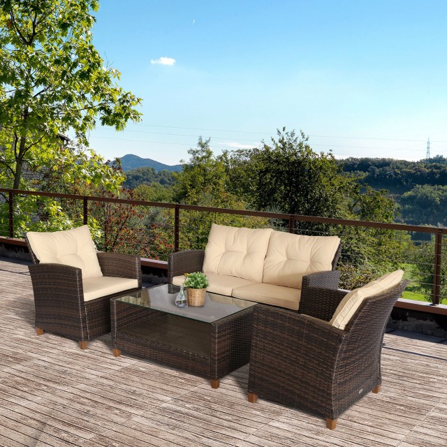 Outsunny Σετ Έπιπλα Κήπου 4 τεμαχίων σε Rattan PE Τραπεζάκι σαλονιού, Καναπές και Πολυθρόνες Καφέ με Μπεζ μαξιλάρια 860-117BG