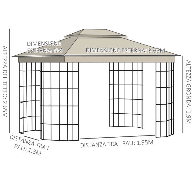 Outsunny Garden Gazebo με κουνουπιέρα και στέγη από πολυεστέρα 2 επιπέδων, μεταλλικό πλαίσιο, 3,65x3m, μπεζ 84C-317