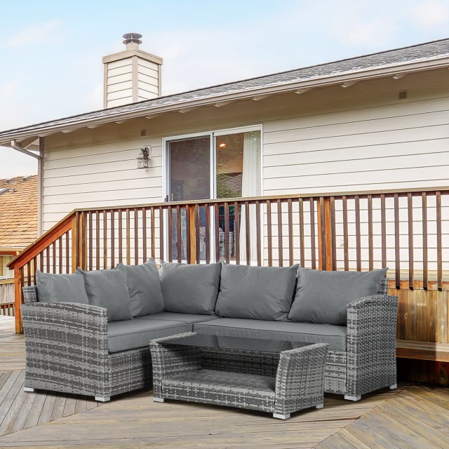 Outsunny 4-Pece PE Rattan Garden Lounge με γωνιακό καναπέ και τραπεζάκι σαλονιού με ποτήρι, γκρι 860-189