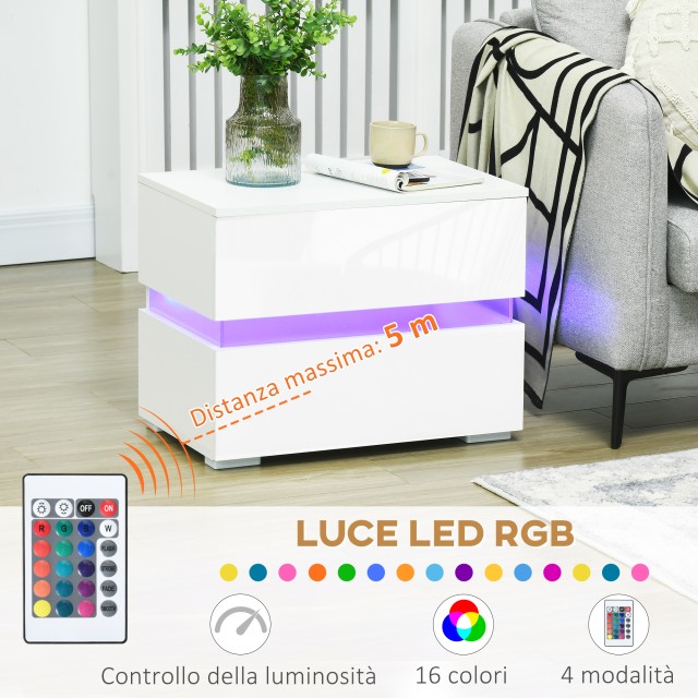 Κομοδίνο HOMCOM με ενσωματωμένο φως LED RGB με 2 συρτάρια, 4 λειτουργίες φωτισμού και 16 χρώματα, σε μοριοσανίδα, 60x39x47cm, Λευκό 831-650V90WT