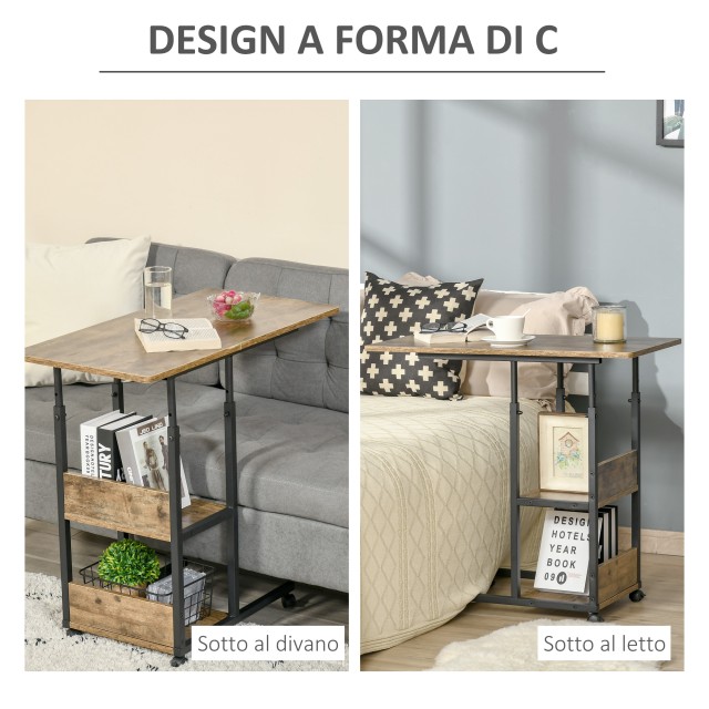 Τραπεζάκι σαλονιού HOMCOM Industrial Style σε σχήμα C, Κομοδίνο με ρυθμιζόμενο ύψος σχεδίασης - Ρουστίκ καφέ 839-290