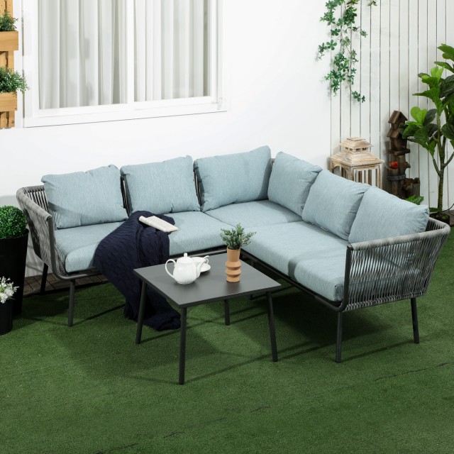 Σετ κήπου 4 τεμαχίων Rattan με τραπεζάκι σαλονιού, 2 γωνιακούς καναπέδες και πολυθρόνα, μαύρο γκρι και μπλε 860-275V00GY
