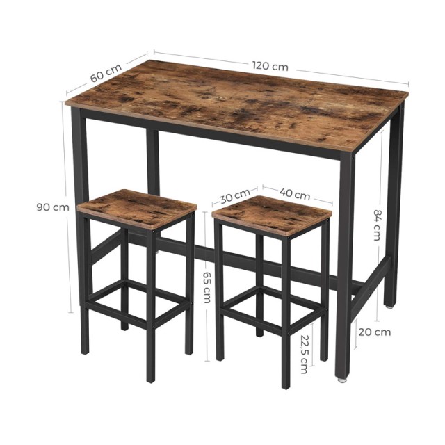 Σετ Μεταλλικό Ορθογώνιο Τραπέζι - Bar 120 x 60 x 90 cm με 2 Σκαμπό VASAGLE LBT15X