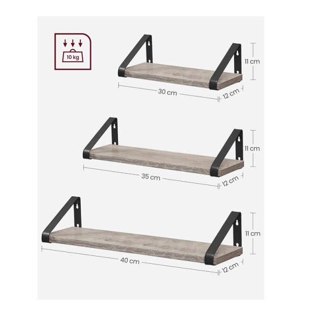 Σετ Επιτοίχια Ξύλινα Ράφια 40 x 12 x 11 cm 3 τμχ Χρώματος Γκρι VASA...