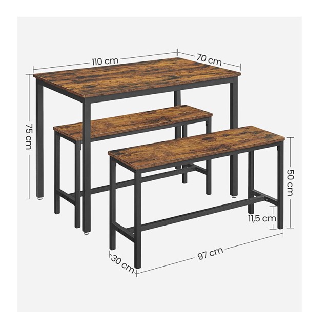 Σετ Μεταλλικό Ορθογώνιο Τραπέζι - Bar 110 x 70 x 75 cm με 2 Πάγκους VASAGLE KDT070B01