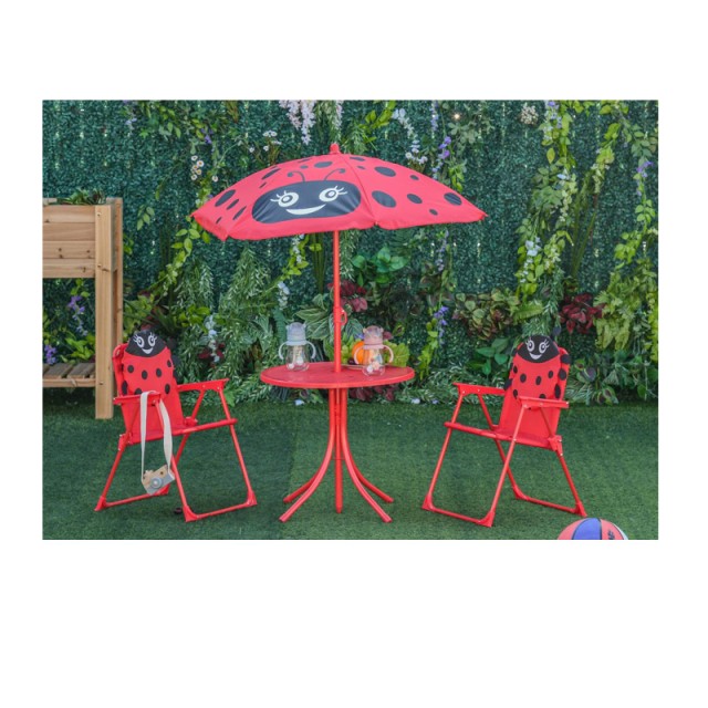 Kinder-Garten-Lounge-Set mit Tisch, 2 Stühlen und Marienkäfer-Regenschirm 4-tlg. Outsunny 312-024RD