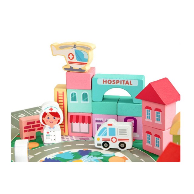 Σετ Ξύλινα Εκπαιδευτικά Παιδικά Τουβλάκια με Χαλάκι Πόλη 121 τμχ Ec...