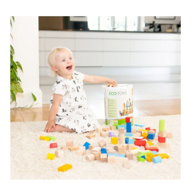 Σετ Ξύλινα Τουβλάκια σε Κουβά 100 τμχ Ecotoys 2007