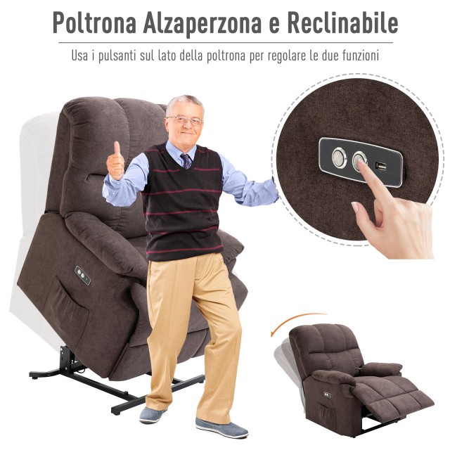 HOMCOM Ηλεκτρική Ανακλινόμενη Πολυθρόνα Relax με Υποβοηθούμενη Ανύψωση, Καφέ, 80x97x104cm 713-043V91